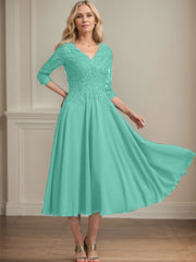 A-line V-Neck Tea-Length Chiffon Lace Mother of the Bride Dress With Beading Sequins