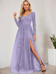 A-line V-Neck Floor-Length Tulle Prom Dresses With Sequins Appliques Lace Beading