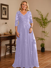 A-line V-Neck Floor-Length Tulle Lace Mother of the Bride Dress With Sequins