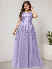 A-line Off the Shoulder Illusion Floor-Length Tulle Lace Evening Dress