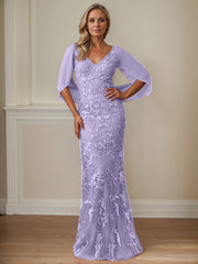 Sheath V-Neck Floor-Length Tulle Mother of the Bride Dress