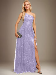 A-line One Shoulder Illusion Floor-Length Sequin Lace Evening Dress