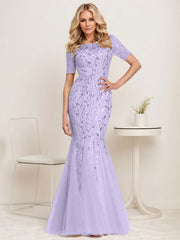 Floral Sequin Print Maxi Long Fishtail Tulle Mother Of The Bride Dresses