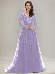 Ball-Gown/Princess V-Neck Sweep Train Tulle Lace Evening Dress With Sequins