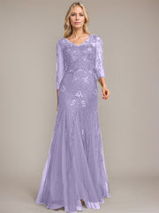 Trumpet/Mermaid Illusion V-Neck Floor-Length Tulle Sequin Lace Mother of the Bride Dress