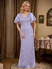 Sheath V-neck Short Sleeves Floor-Length Lace Mother of the Bride Dress
