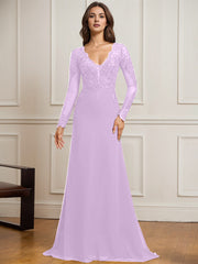 Sheath/Column V-Neck Detachable Sweep Train Lace Tulle Chiffon Mother of the Bride Dress With Sequins