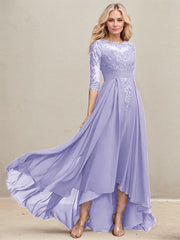 A-line Scoop Illusion Asymmetrical Lace Chiffon Mother of the Bride Dress With Pleated Sequins