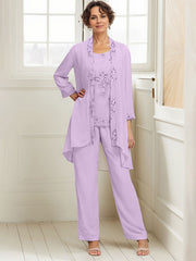 Elegant Appliques 3 Pieces Chiffon Mother of The Bride Jumpsuit with Wrap