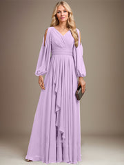 A-line Cold Shoulder V-Neck Floor-Length Chiffon Mother of the Bride Dress With Cascading Ruffles Beading