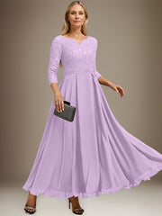 A-line V-Neck Ankle-Length Chiffon Lace Mother of the Bride Dress With Rhinestone
