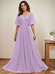 A-line V-Neck Floor-Length Chiffon Mother of the Bride Dress With Sequins Appliques Lace Pleated