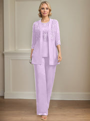Jumpsuit/Pantsuit Separates Scoop Floor-Length Chiffon Lace Mother of the Bride Dress With Sequins
