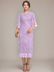 Sheath/Column Scoop Tea-Length Lace Chiffon Mother of the Bride Dress