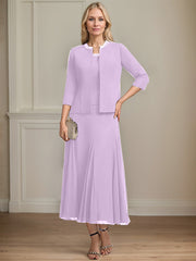Separates A-line Scoop Tea-Length Chiffon Mother of the Bride Dress With Sequins Beading