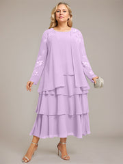 A-line Scoop Tea-Length Chiffon Mother of the Bride Dress With Cascading Ruffles