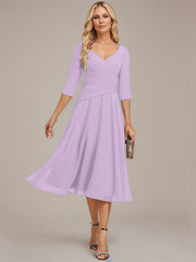 A-line V-Neck Tea-Length Chiffon Mother of the Bride Dress With Pleated