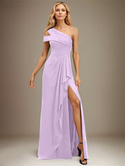 Sheath/Column Cold Shoulder One Shoulder Floor-Length Chiffon Evening Dress With Cascading Ruffles