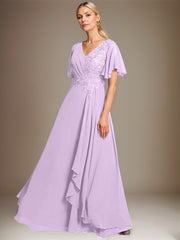 A-line V-Neck Floor-Length Lace Chiffon Mother of the Bride Dress With Cascading Ruffles Sequins