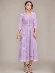 A-line V-Neck Tea-Length Chiffon Mother of the Bride Dress