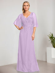 A-line V-Neck Floor-Length Lace Chiffon Mother of the Bride Dress With Sequins Beading