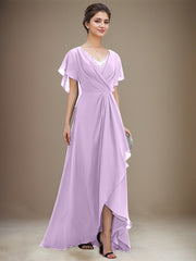 A-line V-Neck Asymmetrical Chiffon Mother of the Bride Dress With Sequins Beading Cascading Ruffles