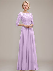 A-line Boat Neck Illusion Floor-Length Chiffon Lace Mother of the Bride Dress With Sequins Beading