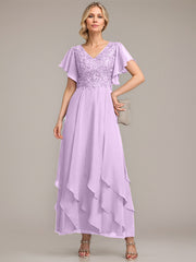 A-line V-Neck Ankle-Length Lace Chiffon Mother of the Bride Dress With Cascading Ruffles
