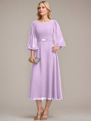 A-line Scoop Tea-Length Chiffon Mother of the Bride Dress With Crystal Brooch Pleated