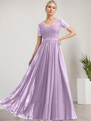 A-line V-Neck Floor-Length Lace Chiffon Mother of the Bride Dress