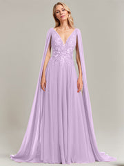 A-line V-Neck Sweep Train Lace Chiffon Evening Dress With Sequins