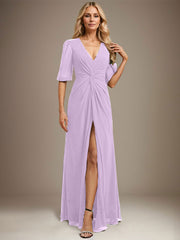 A-line V-Neck Floor-Length Chiffon Evening Dress With Pleated