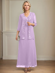 A-line V-Neck Ankle-Length Lace Sequin Chiffon Mother of the Bride Dress