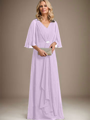 A-line V-Neck Floor-Length Chiffon Mother of the Bride Dress With Cascading Ruffles Crystal Brooch