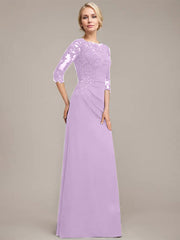 A-line Scoop Floor-Length Chiffon Lace Mother of the Bride Dress With Sequins Beading Pleated