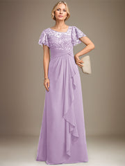 A-line Asymmetrical Illusion Floor-Length Lace Chiffon Mother of the Bride Dress With Cascading Ruffles Sequins