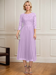 A-line Scoop Illusion Tea-Length Lace Chiffon Mother of the Bride Dress With Sequins Pleated