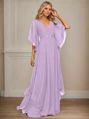 A-line V-Neck Floor-Length Chiffon Mother of the Bride Dress With Sequins Appliques Lace Beading