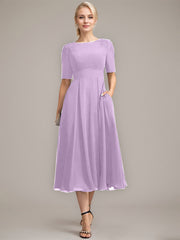 A-line Scoop Tea-Length Chiffon Mother of the Bride Dress With Appliques Lace Sequins