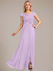 A-line Scoop Floor-Length Mesh Mother of the Bride Dress With Pleated Beading