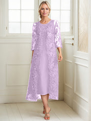 A-line Scoop Tea-Length Lace Chiffon Mother of the Bride Dress