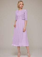 A-line/Princess Scoop Tea-Length Chiffon Mother of the Bride Dress With Lace Jacket