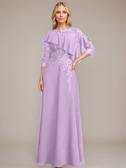 A-line Scoop Illusion Floor-Length Chiffon Lace Mother of the Bride Dress With Ruffle Sequins Beading