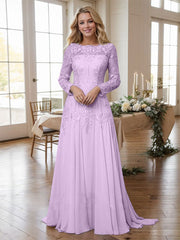 A-line Bateau Long Sleeves Appliques Lace Sweep Train Chiffon Mother of the Bride Dres