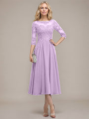 A-line Scoop Illusion Tea-Length Chiffon Lace Mother of the Bride Dress With Sequins Beading