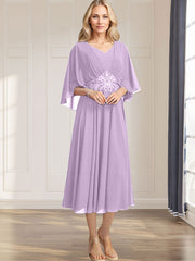 A-line V-Neck Tea-Length Chiffon Mother of the Bride Dress With Pleated Sequins Appliques Lace Beadind