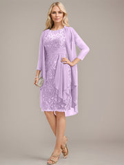 Sheath/Column Scoop Illusion Knee-Length Lace Chiffon Mother of the Bride Dress With Cascading Ruffles Sequins