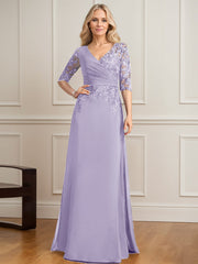 A-line V-Neck Floor-Length Lace Chiffon Mother of the Bride Dress With Pleated Sequins