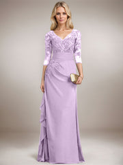 A-line V-Neck Floor-Length Lace Chiffon Mother of the Bride Dress With Cascading Ruffles
