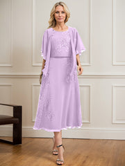 A-line Scoop Tea-Length Lace Chiffon Mother of the Bride Dress With Sequins